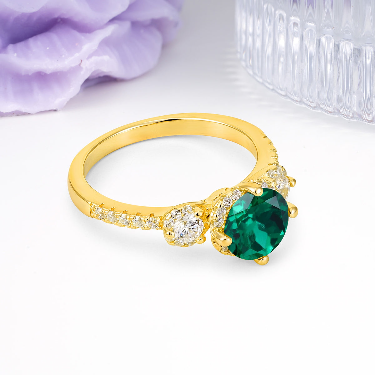 Luxurious and Dazzling 4 Prong Round Cut Emerald Engagement Ring - Additional view