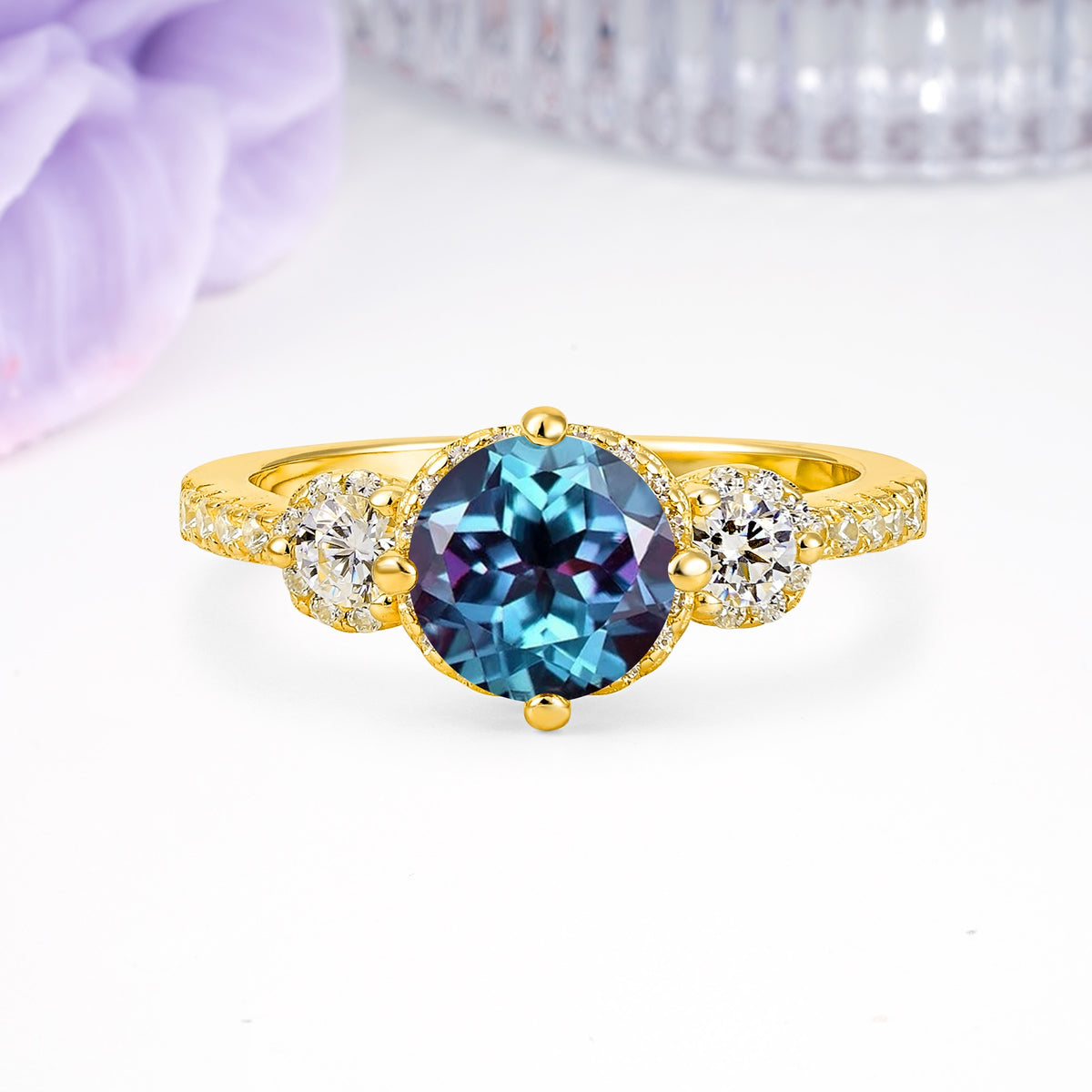 Luxurious and Dazzling 4 Prong Round Cut Alexandrite Engagement Ring - Additional view