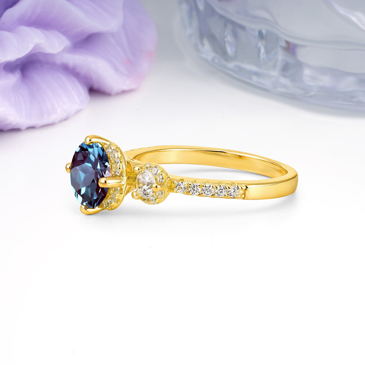 Luxurious and Dazzling 4 Prong Round Cut Alexandrite Engagement Ring - Additional view