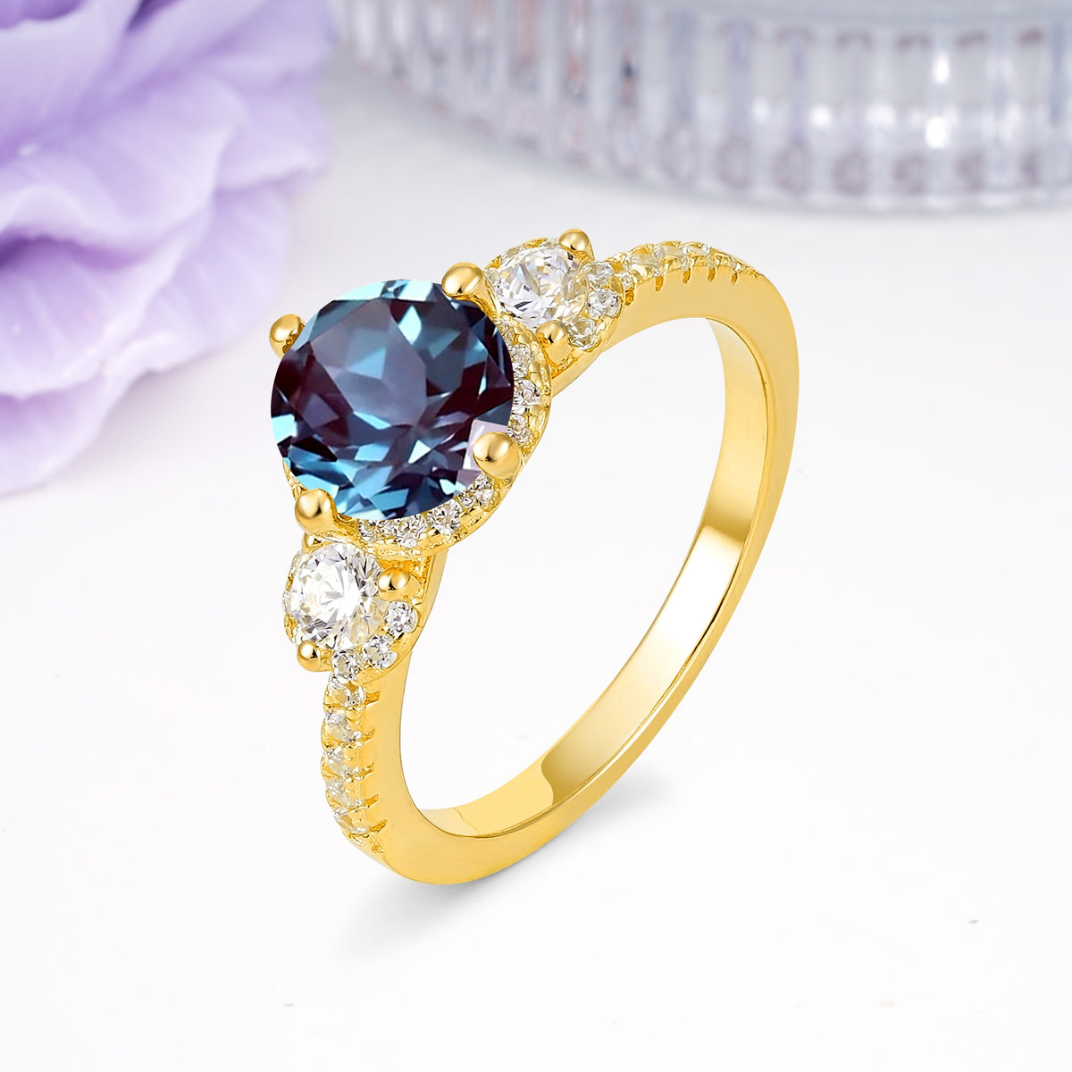 Luxurious and Dazzling 4 Prong Round Cut Alexandrite Engagement Ring - Additional view