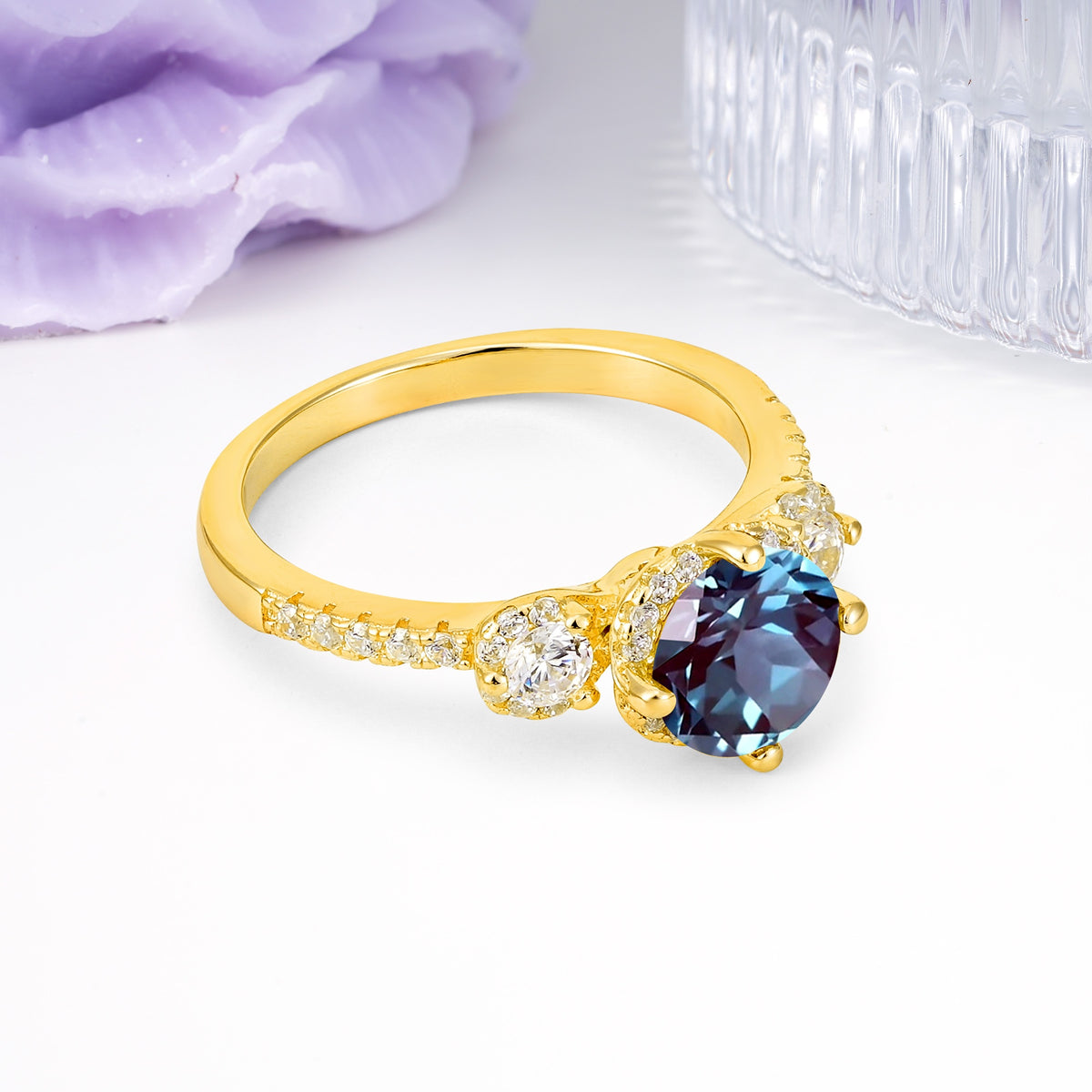 Luxurious and Dazzling 4 Prong Round Cut Alexandrite Engagement Ring - Additional view