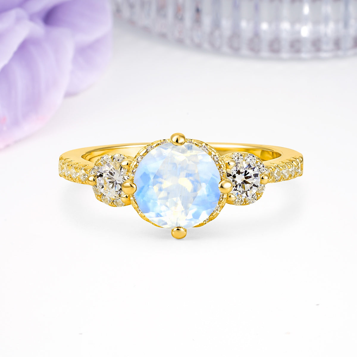 Luxurious and Dazzling 4 Prong Round Cut Moonstone Engagement Ring - Additional view