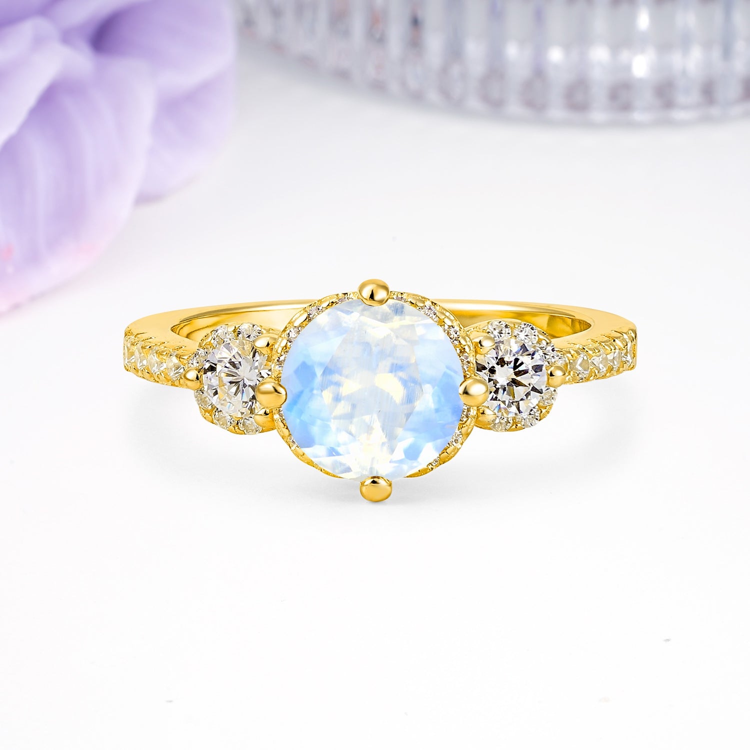 Luxurious and Dazzling 4 Prong Round Cut Moonstone Engagement Ring - Additional view