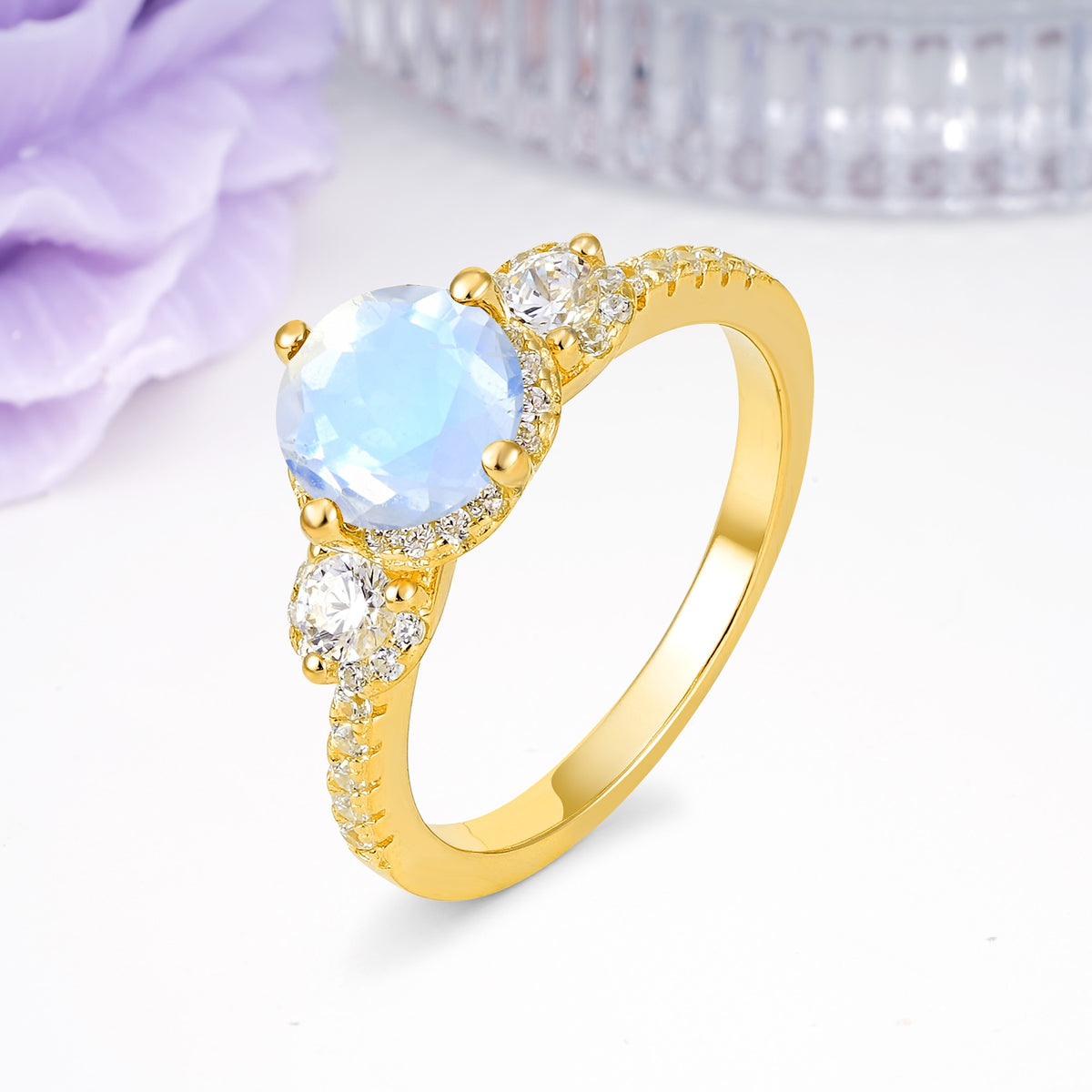 Luxurious and Dazzling 4 Prong Round Cut Moonstone Engagement Ring - Additional view