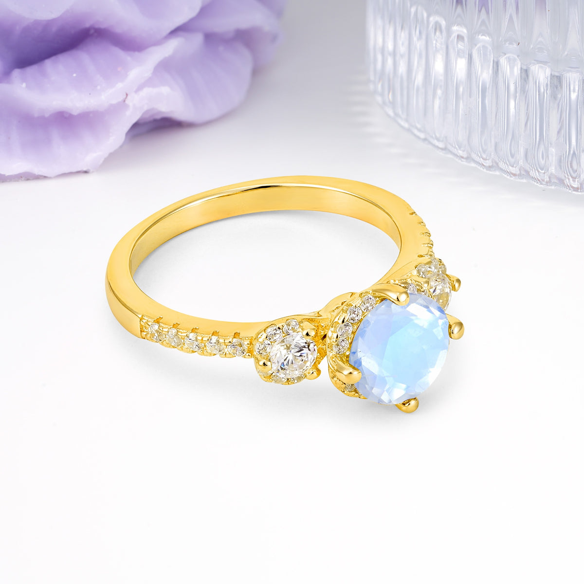 Luxurious and Dazzling 4 Prong Round Cut Moonstone Engagement Ring - Additional view