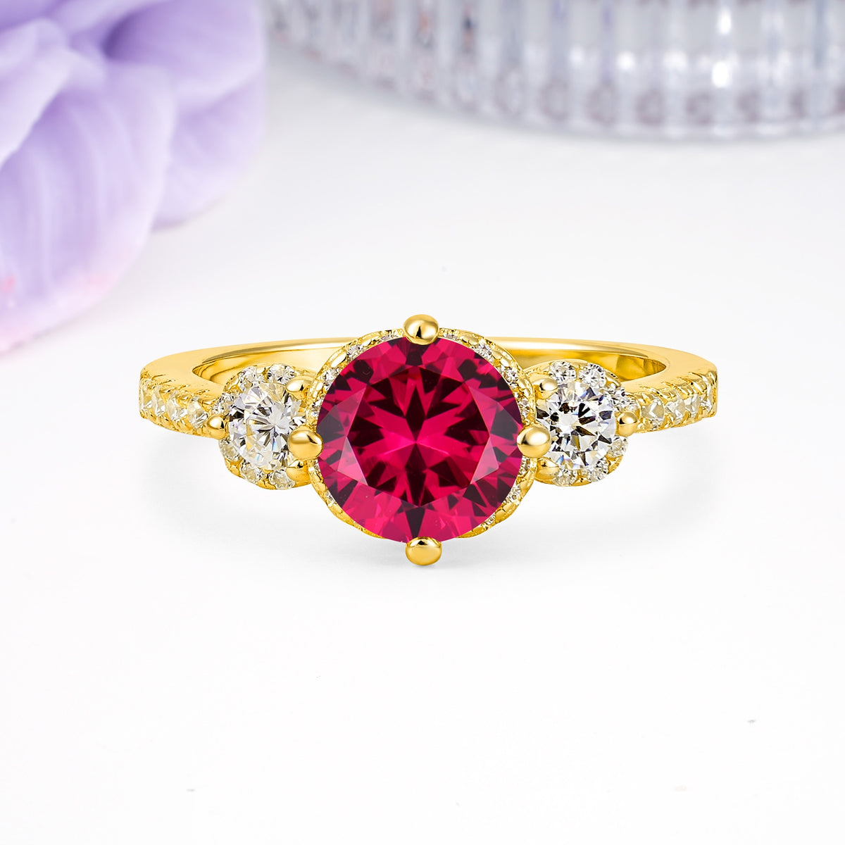 Luxurious and Dazzling 4 Prong Round Cut Ruby Engagement Ring - Additional view