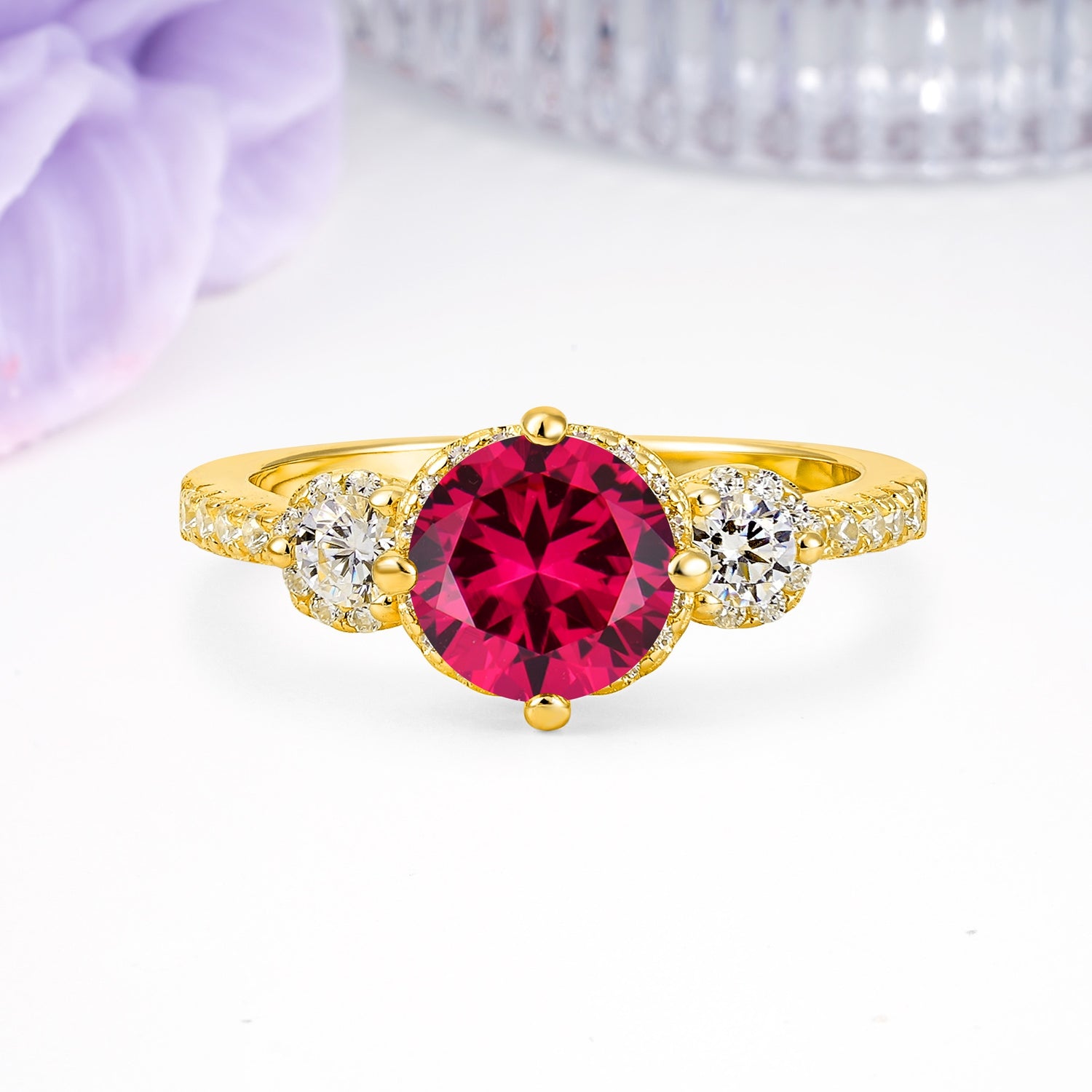 Luxurious and Dazzling 4 Prong Round Cut Ruby Engagement Ring - Additional view