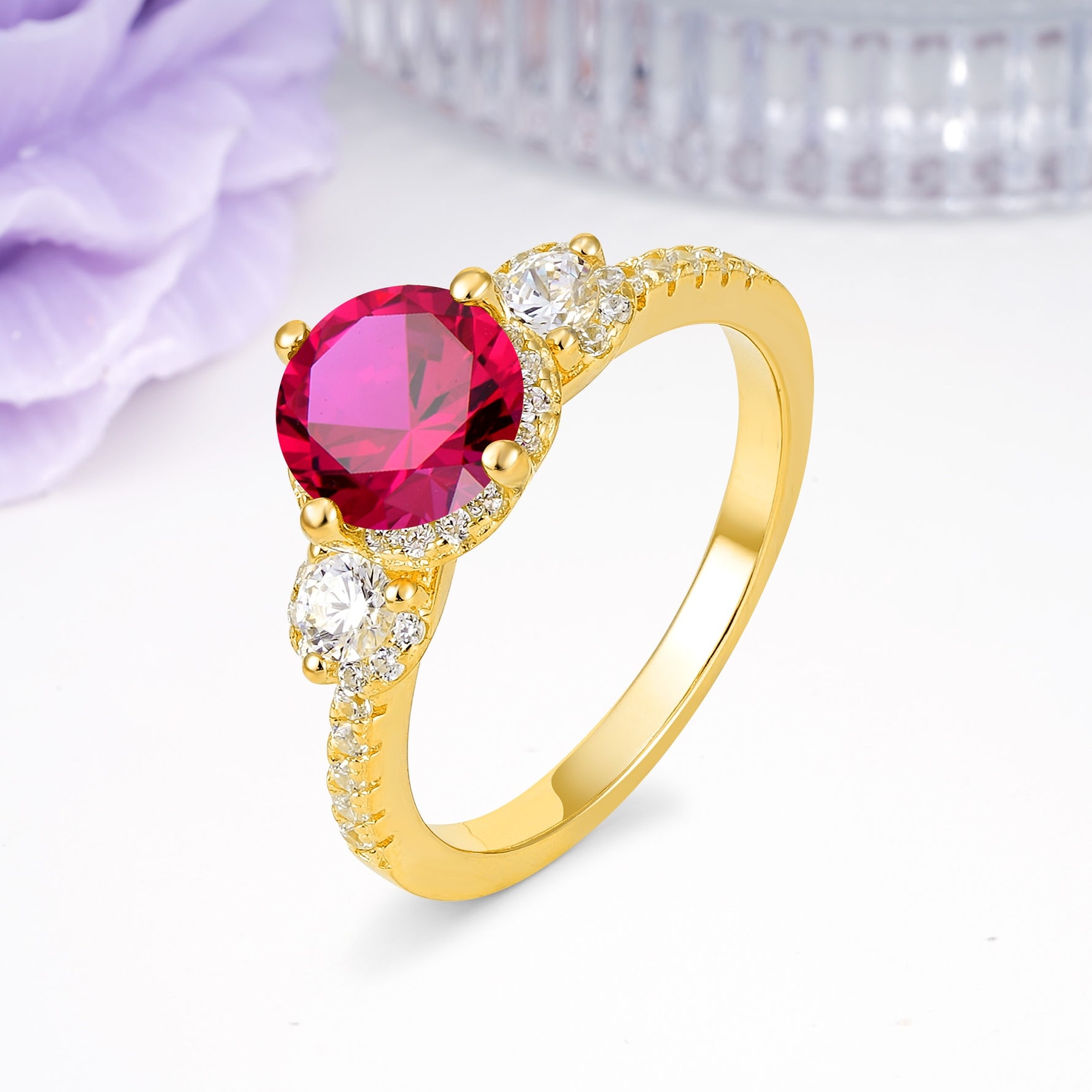 Luxurious and Dazzling 4 Prong Round Cut Ruby Engagement Ring - Additional view