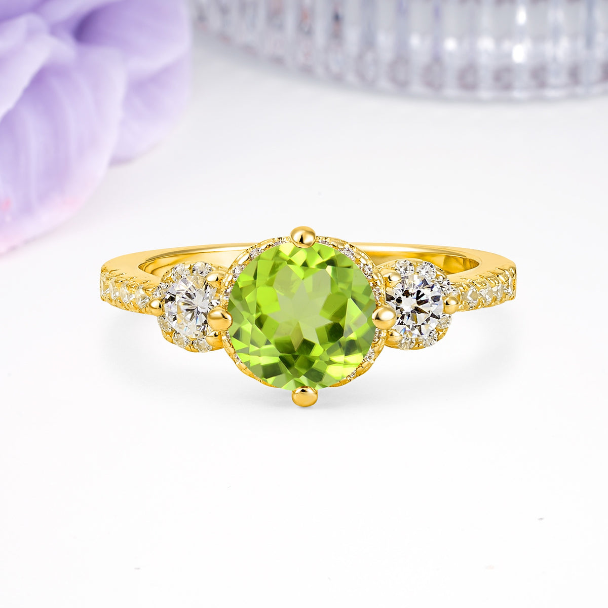 Luxurious and Dazzling 4 Prong Round Cut Peridot Engagement Ring - Additional view