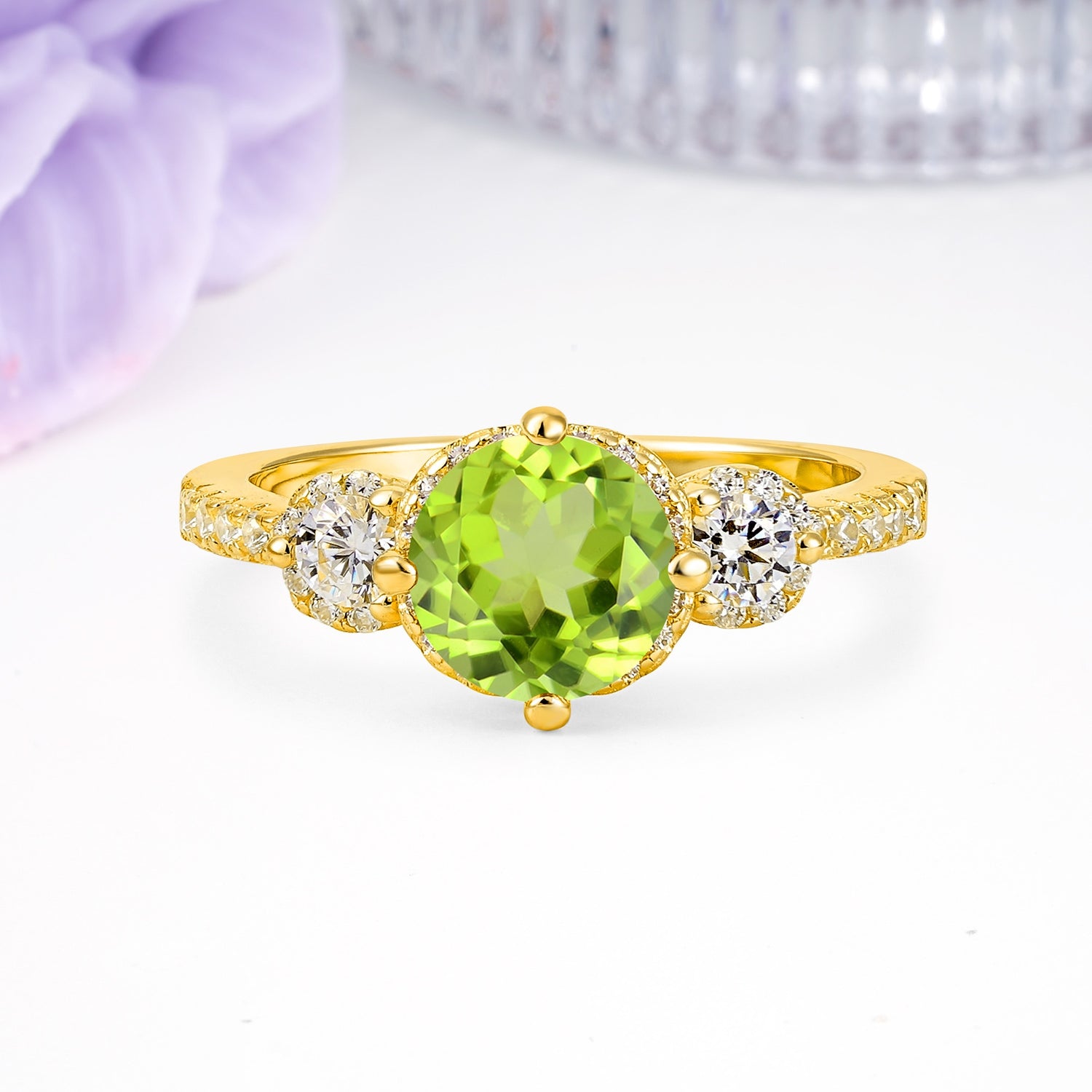 Luxurious and Dazzling 4 Prong Round Cut Peridot Engagement Ring - Additional view