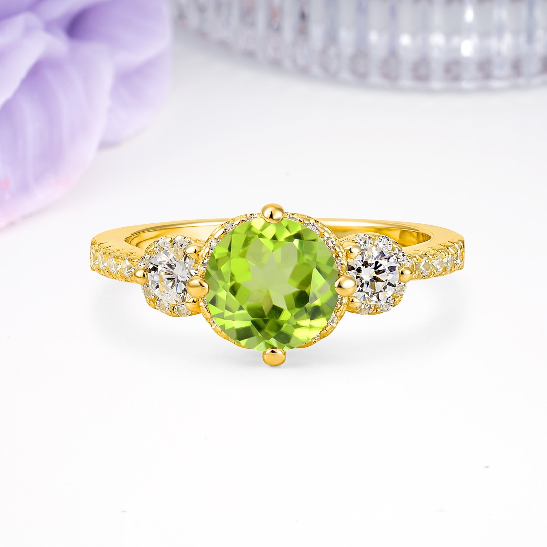 Luxurious and Dazzling 4 Prong Round Cut Peridot Engagement Ring - Additional view