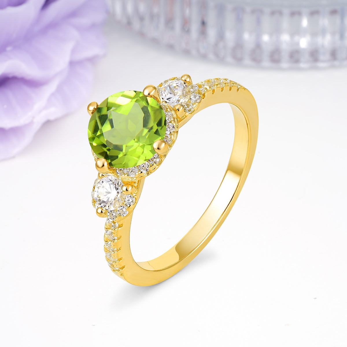 Luxurious and Dazzling 4 Prong Round Cut Peridot Engagement Ring - Additional view