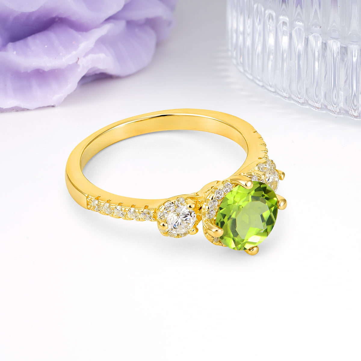 Luxurious and Dazzling 4 Prong Round Cut Peridot Engagement Ring - Additional view