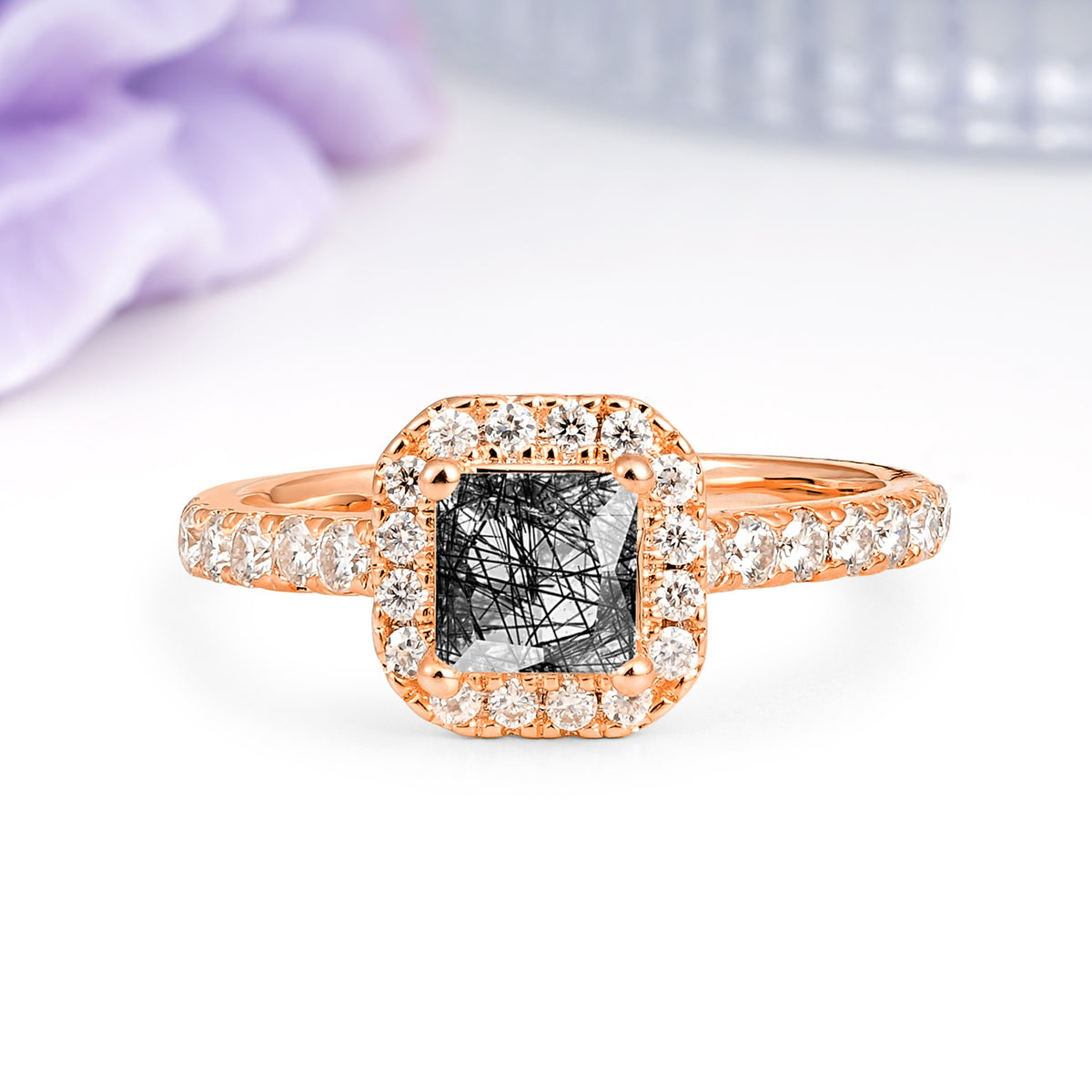 Classic Vintage 4 Prong Emerald Cut Black Rutilated Quartz Engagement Ring - Additional view