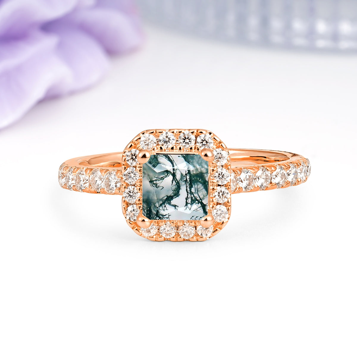 Classic Vintage 4 Prong Emerald Cut Moss Agate Engagement Ring - Additional view