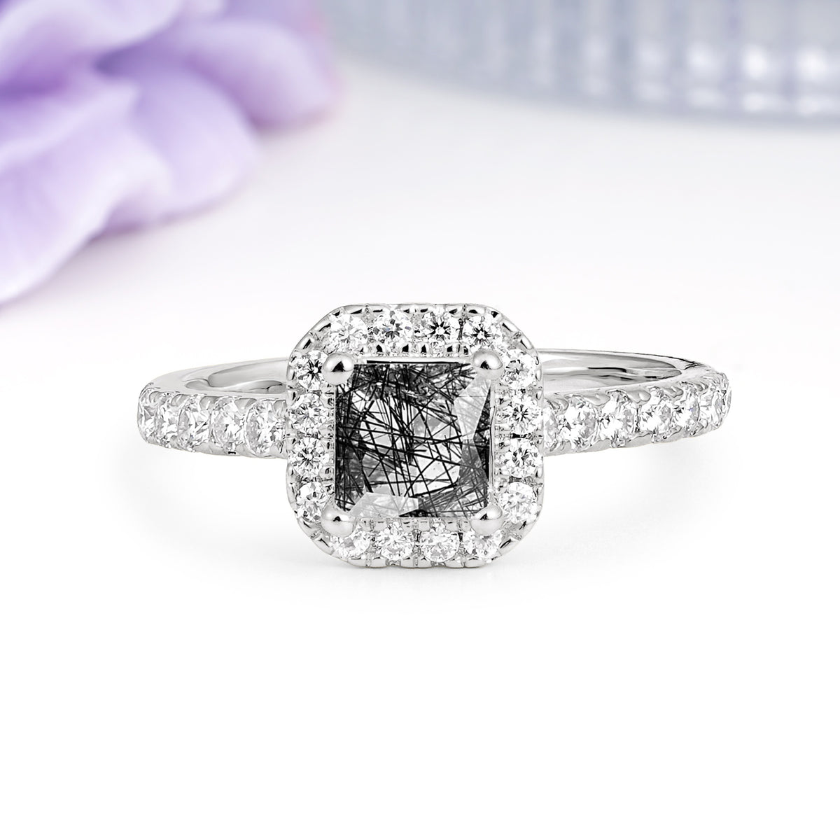Classic Vintage 4 Prong Emerald Cut Black Rutilated Quartz Engagement Ring - Additional view