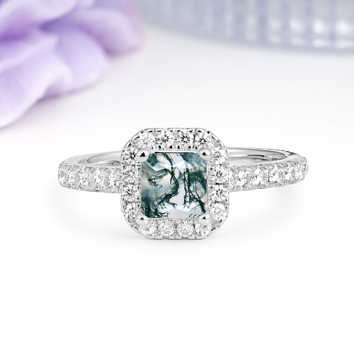 Classic Vintage 4 Prong Emerald Cut Moss Agate Engagement Ring - Additional view