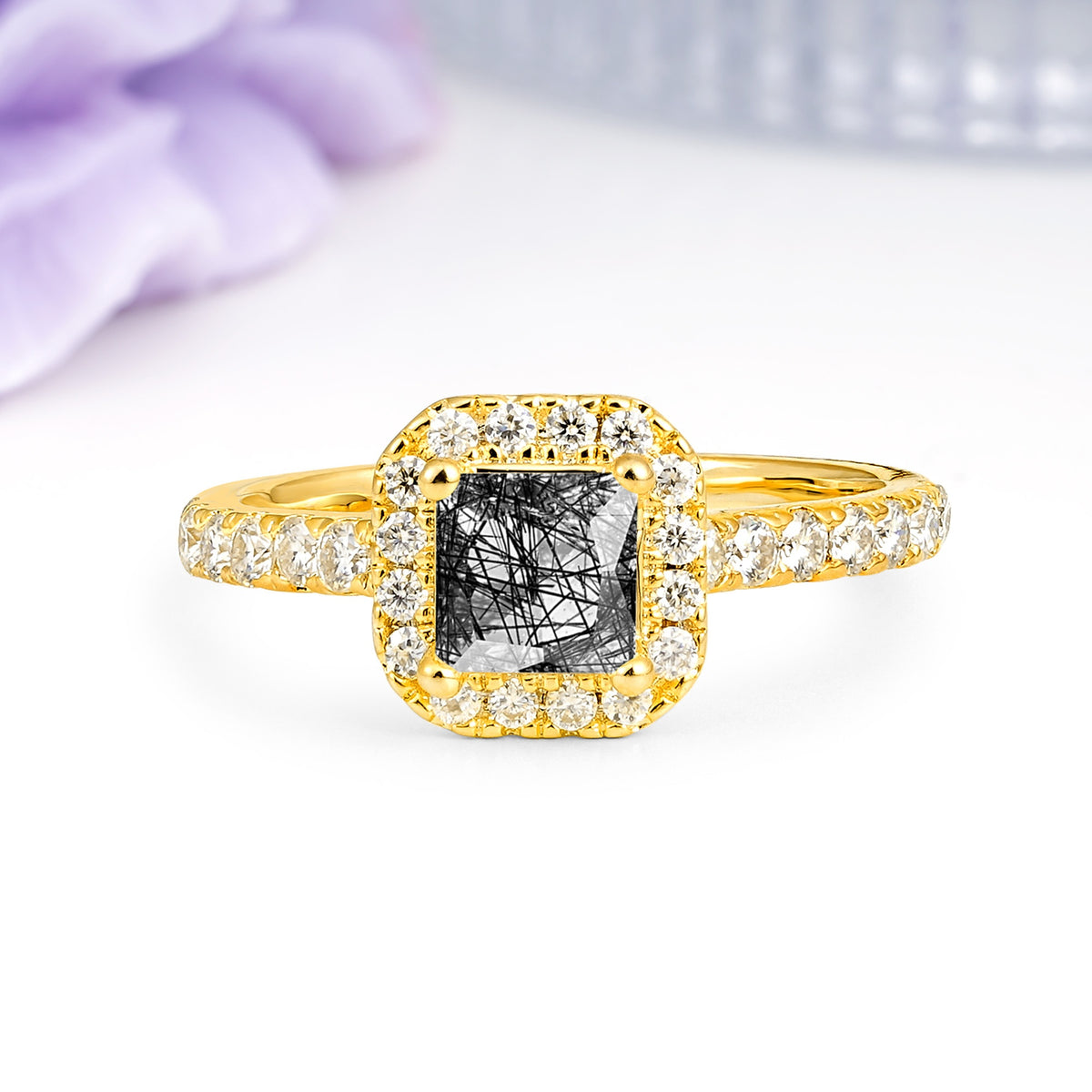 Classic Vintage 4 Prong Emerald Cut Black Rutilated Quartz Engagement Ring - Additional view