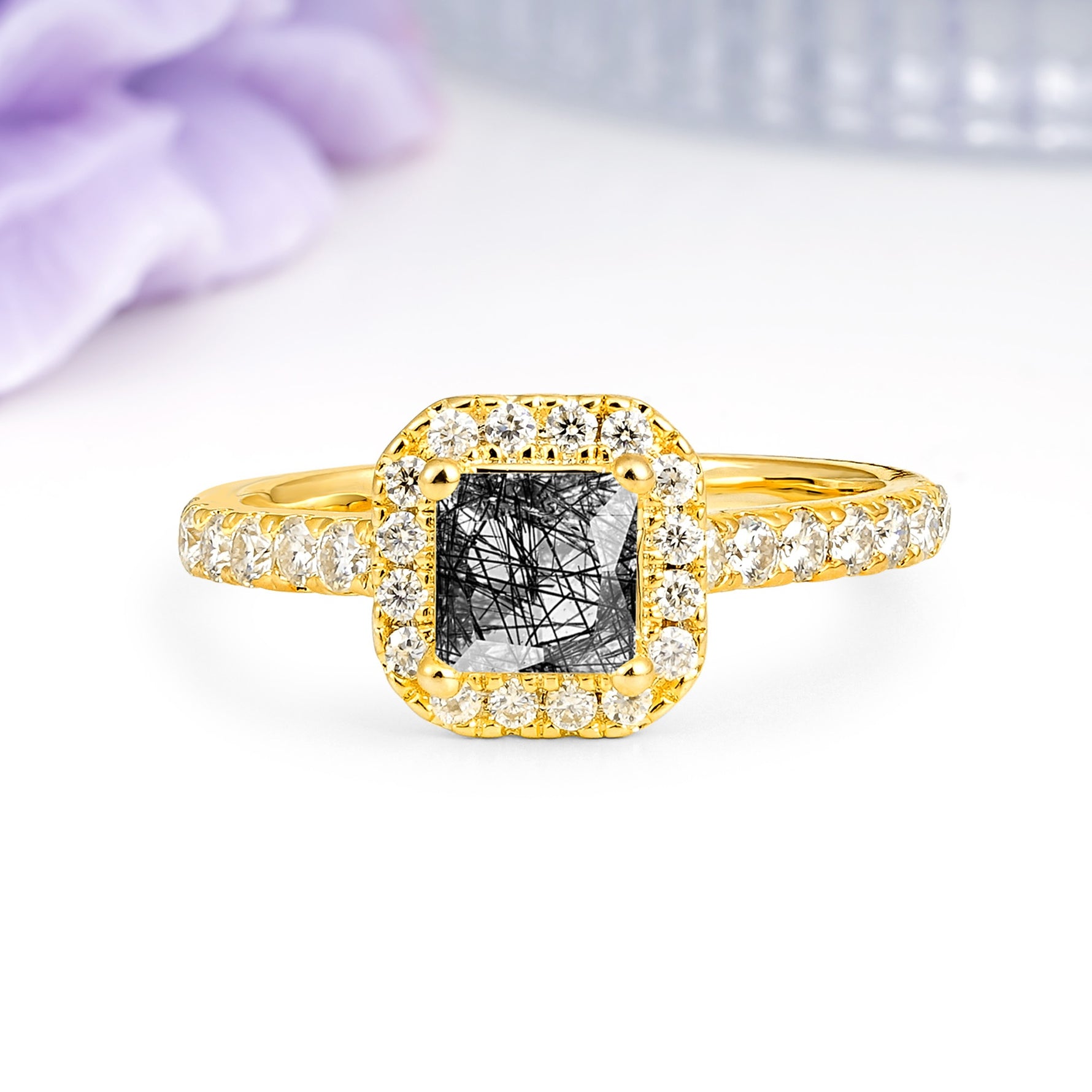 Classic Vintage 4 Prong Emerald Cut Black Rutilated Quartz Engagement Ring - Additional view