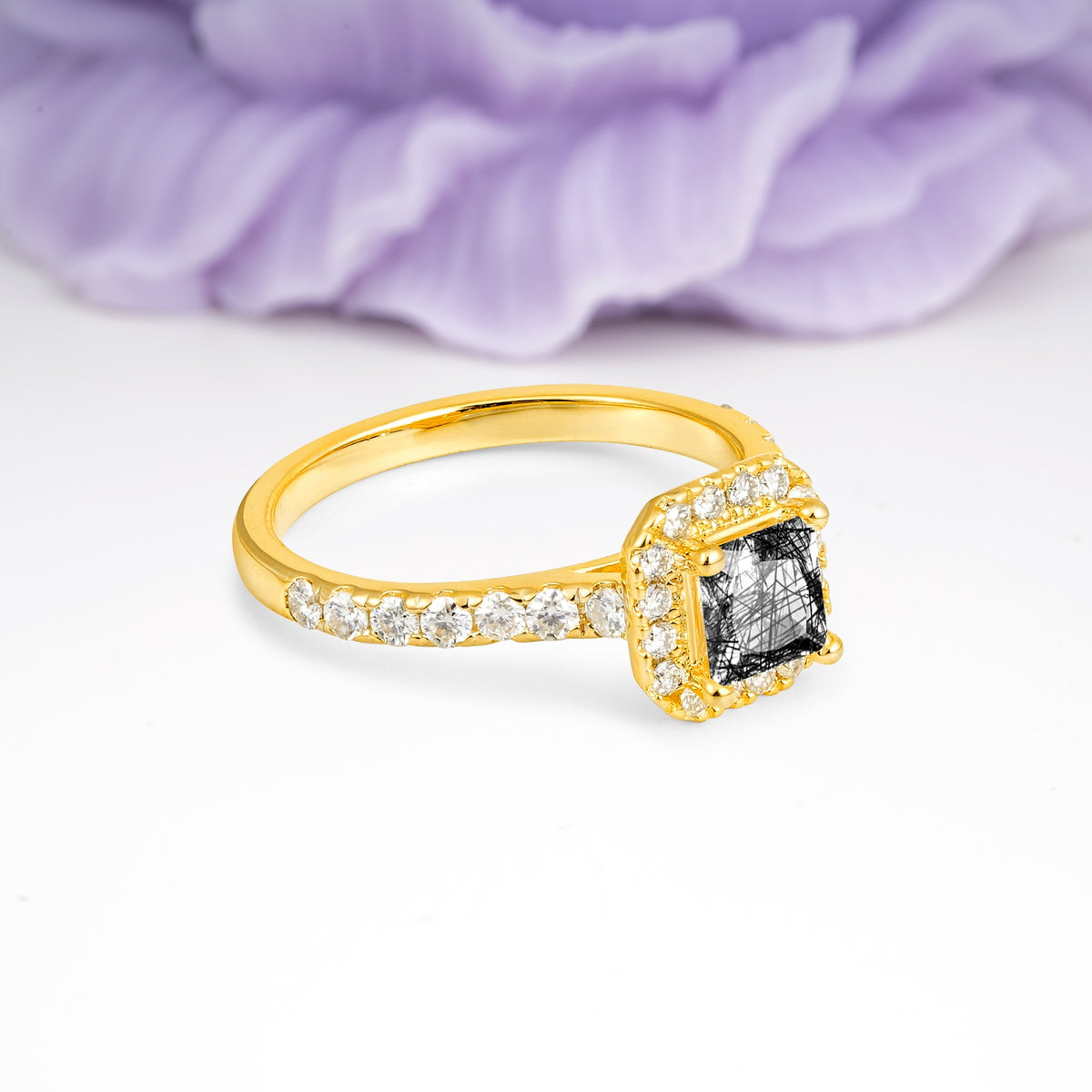 Classic Vintage 4 Prong Emerald Cut Black Rutilated Quartz Engagement Ring - Additional view
