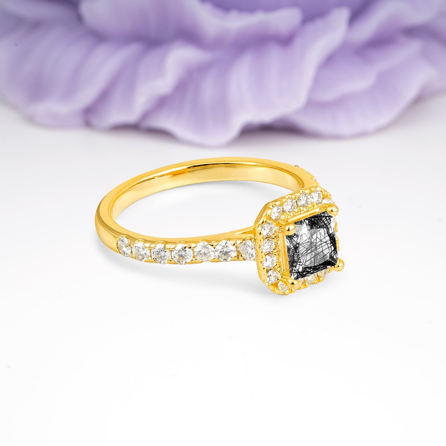 Classic Vintage 4 Prong Emerald Cut Black Rutilated Quartz Engagement Ring - Additional view