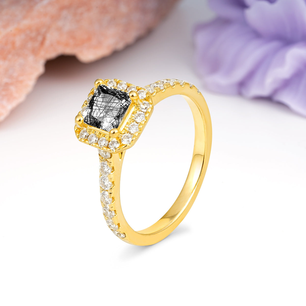 Classic Vintage 4 Prong Emerald Cut Black Rutilated Quartz Engagement Ring - Additional view