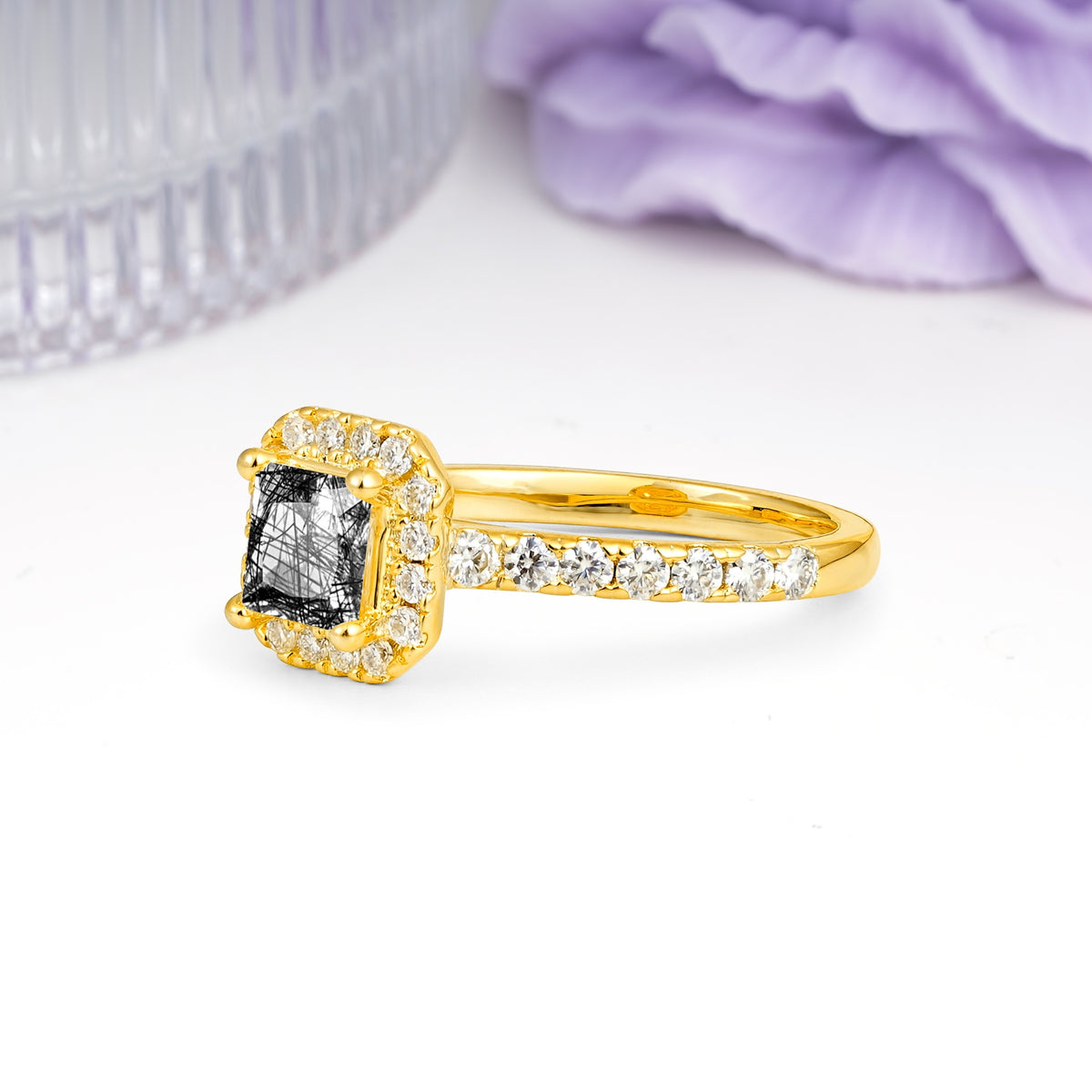 Classic Vintage 4 Prong Emerald Cut Black Rutilated Quartz Engagement Ring - Additional view