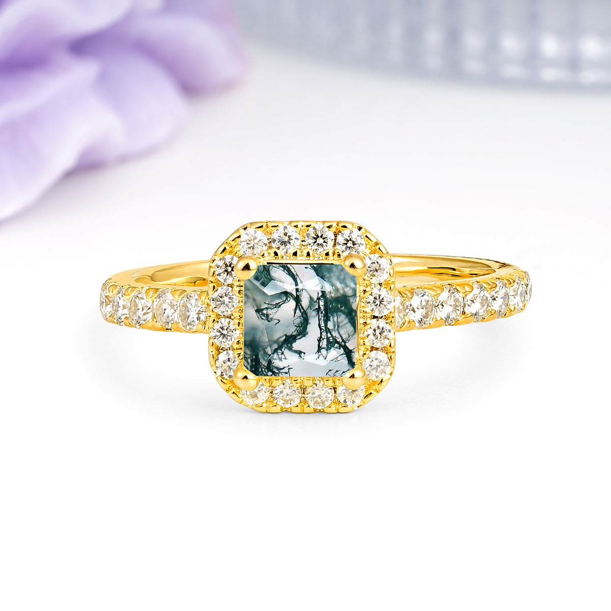 Classic Vintage 4 Prong Emerald Cut Moss Agate Engagement Ring - Additional view