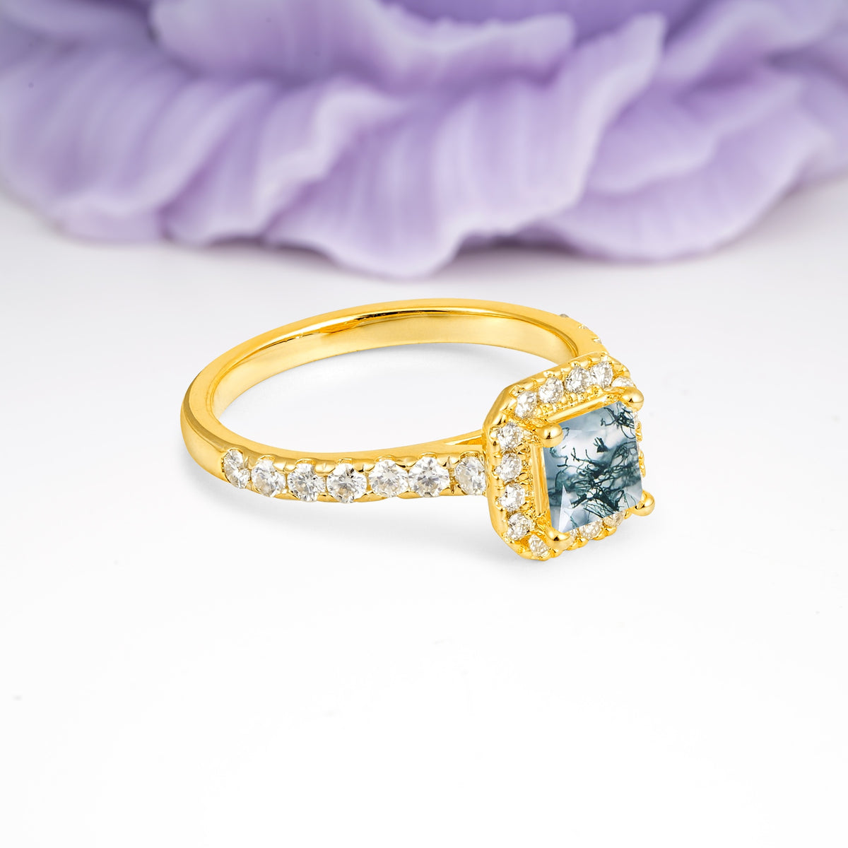 Classic Vintage 4 Prong Emerald Cut Moss Agate Engagement Ring - Additional view