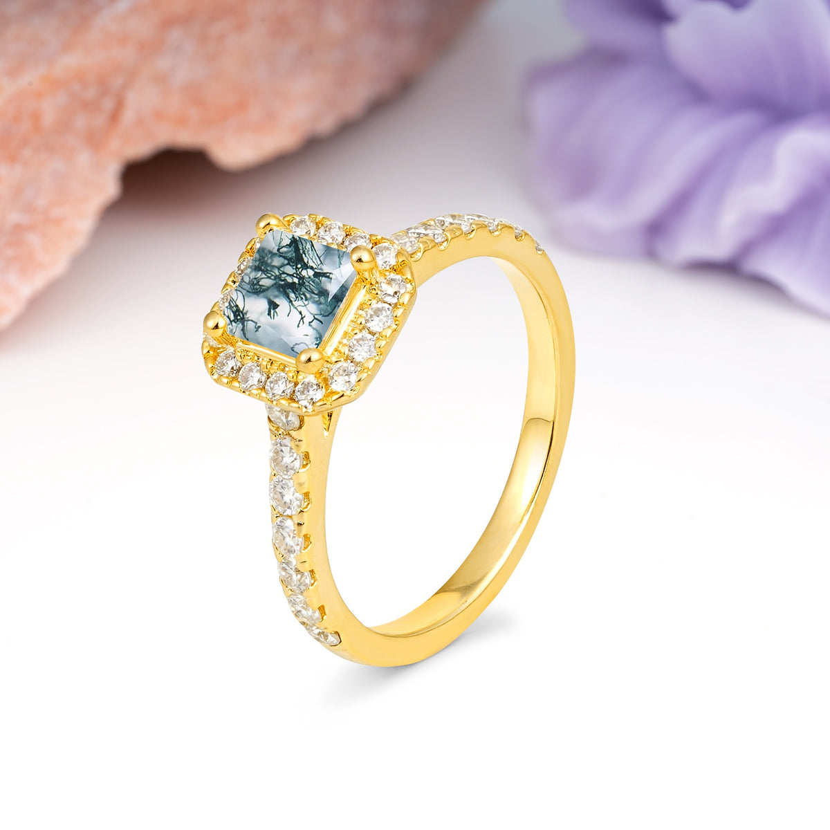 Classic Vintage 4 Prong Emerald Cut Moss Agate Engagement Ring - Additional view