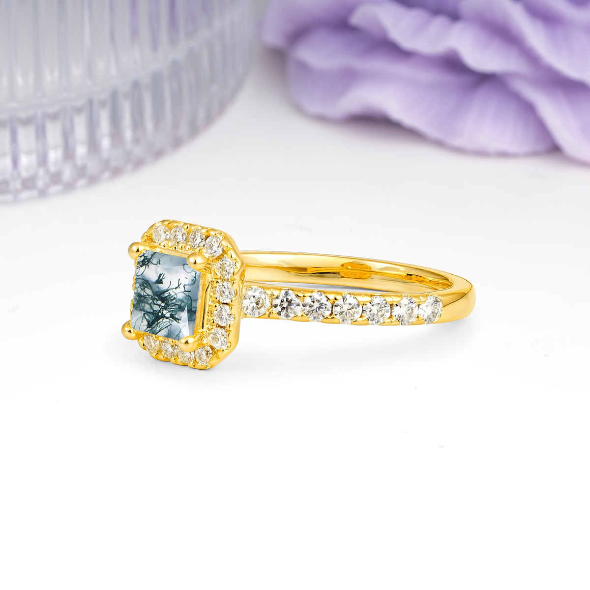 Classic Vintage 4 Prong Emerald Cut Moss Agate Engagement Ring - Additional view