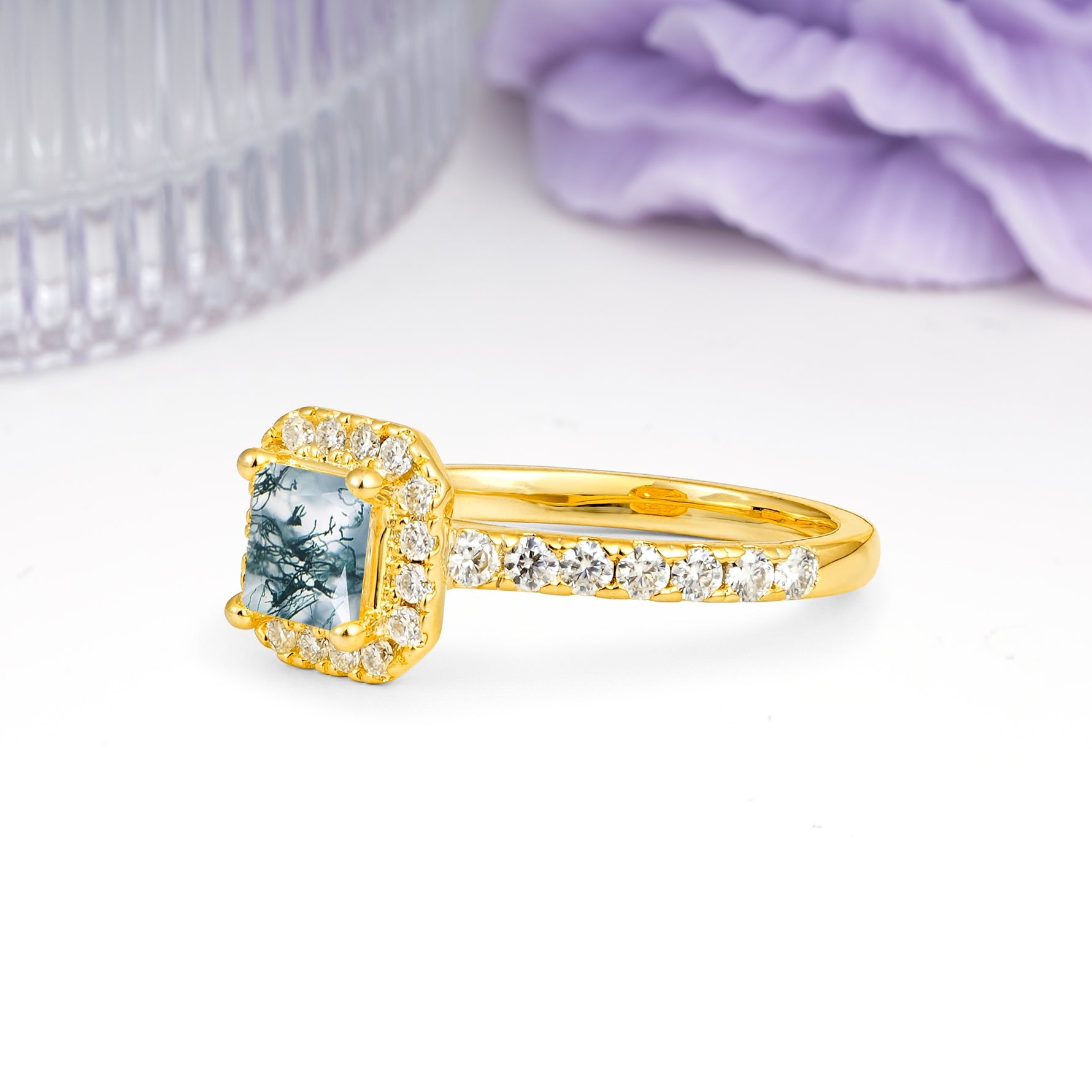 Classic Vintage 4 Prong Emerald Cut Moss Agate Engagement Ring - Additional view