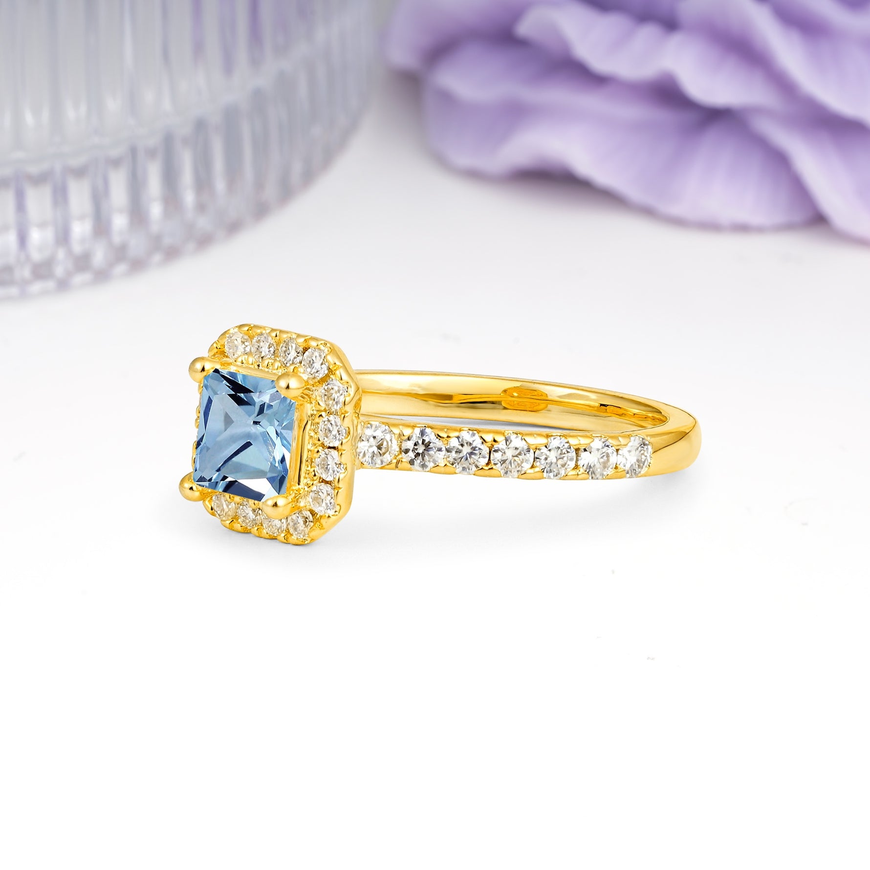 Classic Vintage 4 Prong Emerald Cut Aquamarine Engagement Ring - Additional view