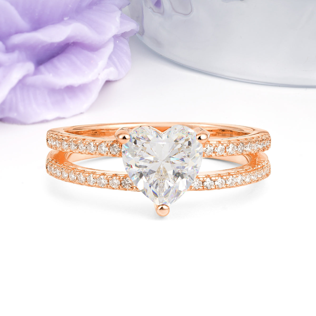 Luxurious Double Row Pavé, 3 Prong Heart Cut Moissanite Engagement Ring - Additional view
