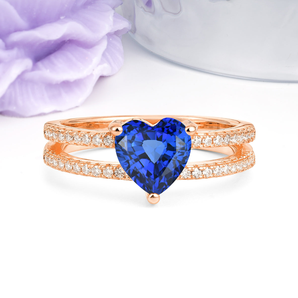 Luxurious Double Row Pavé, 3 Prong Heart Cut Sapphire Engagement Ring - Additional view