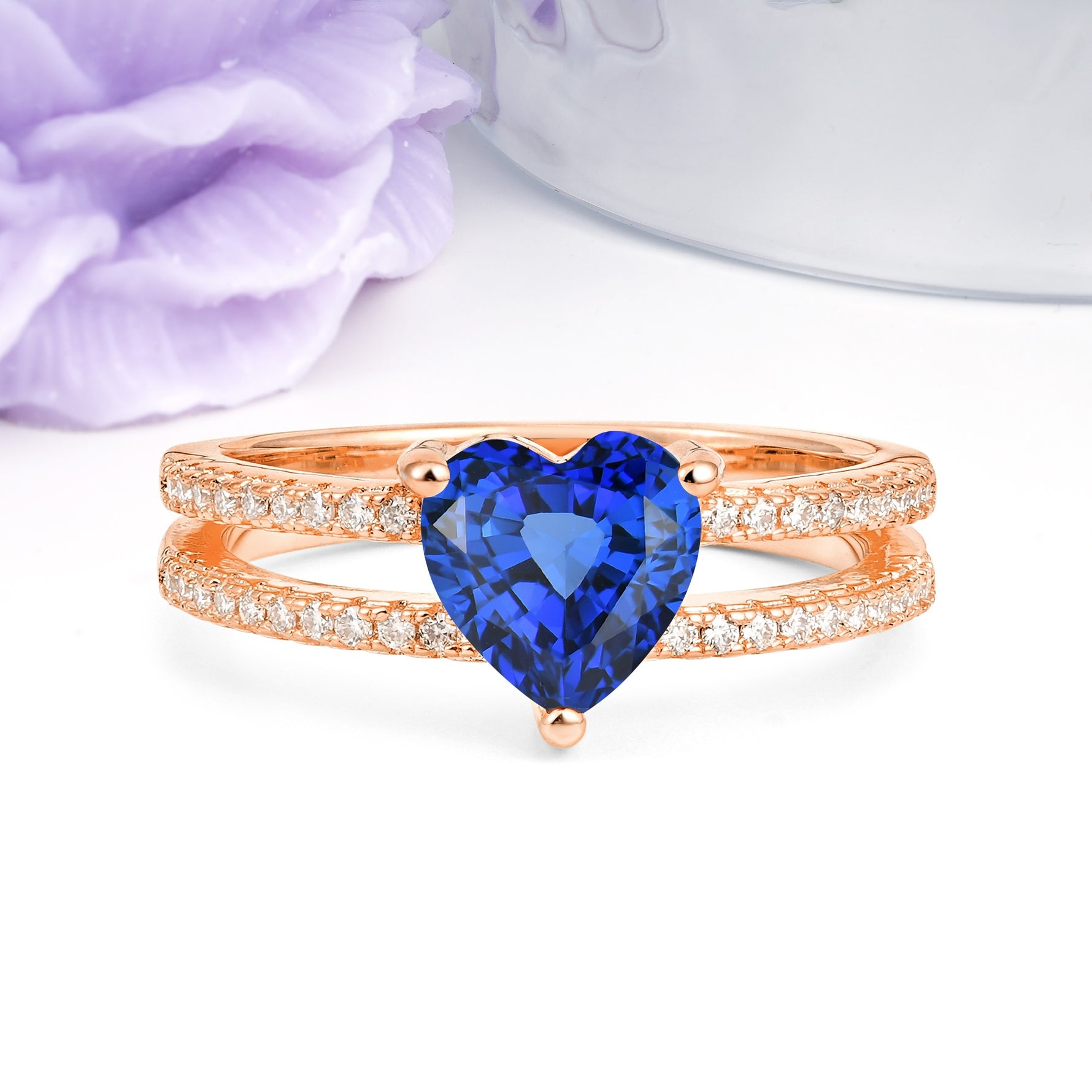 Luxurious Double Row Pavé, 3 Prong Heart Cut Sapphire Engagement Ring - Additional view