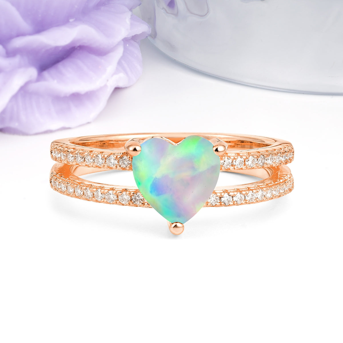 Luxurious Double Row Pavé, 3 Prong Heart Cut Fire Opal Engagement Ring - Additional view