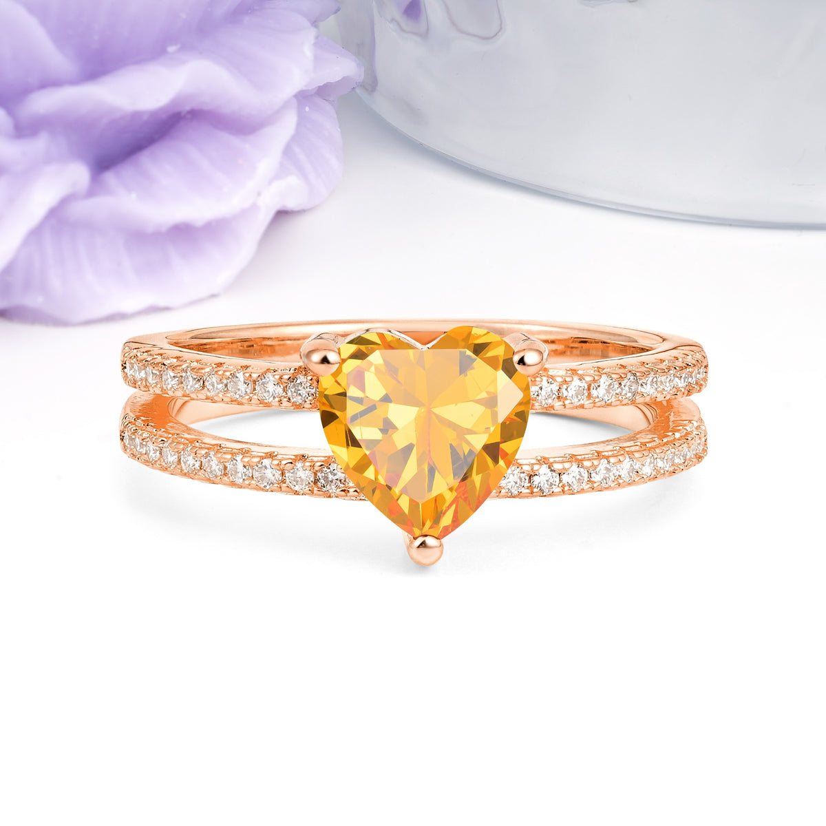 Luxurious Double Row Pavé, 3 Prong Heart Cut Citrine Engagement Ring - Additional view