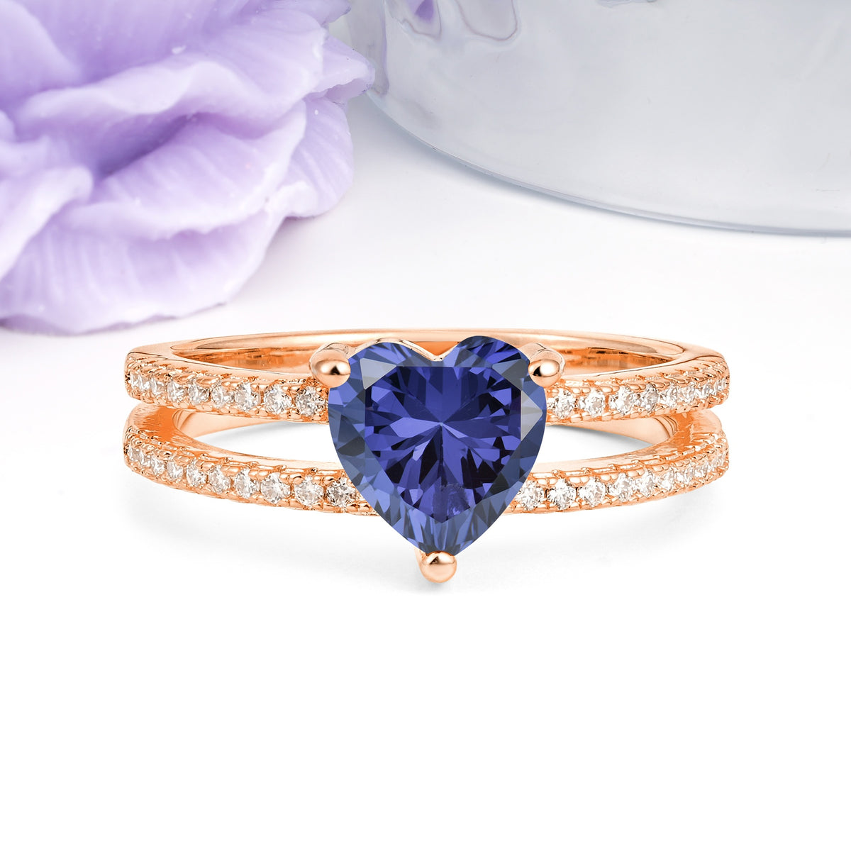 Luxurious Double Row Pavé, 3 Prong Heart Cut Tanzanite Engagement Ring - Additional view