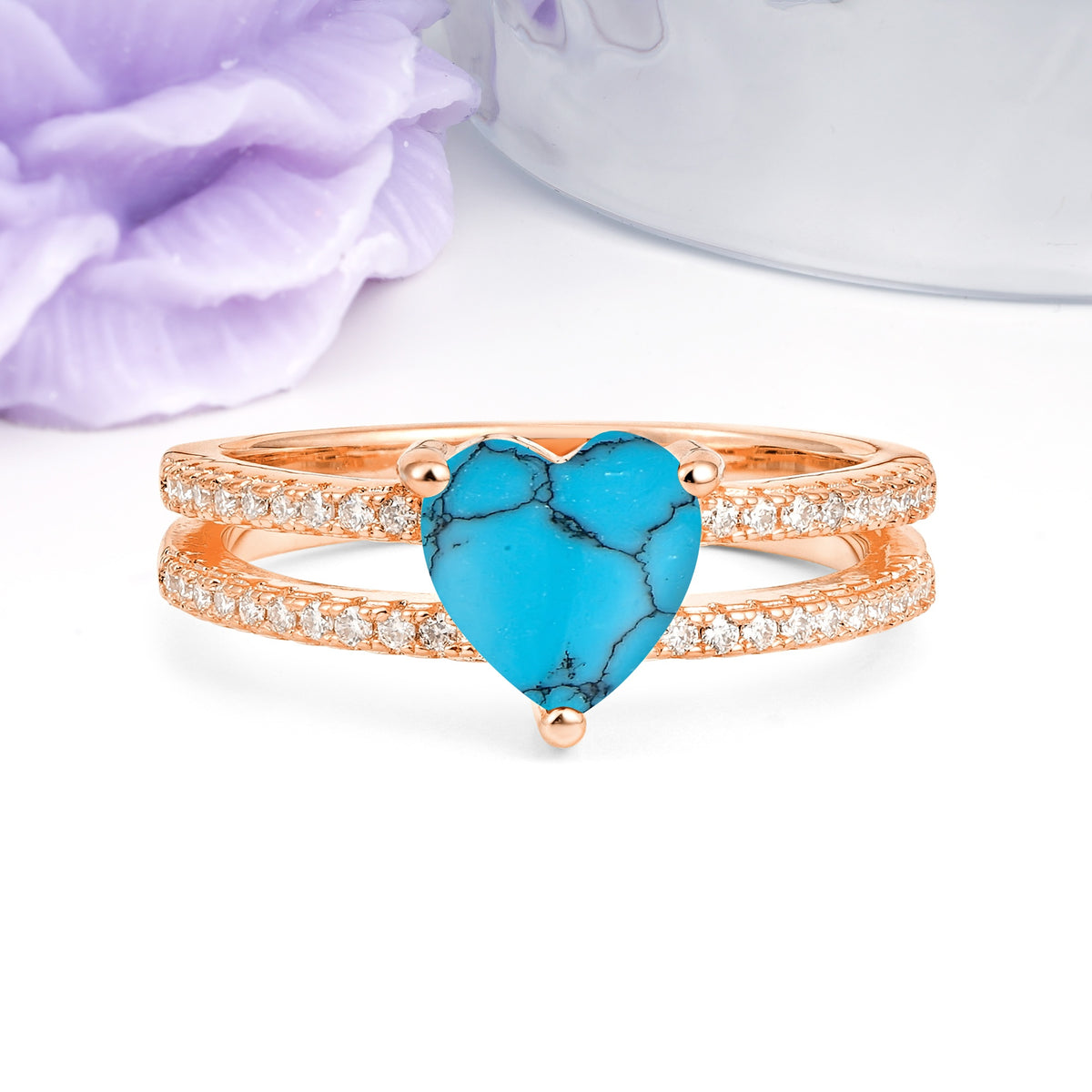 Luxurious Double Row Pavé, 3 Prong Heart Cut Turquoise Engagement Ring - Additional view