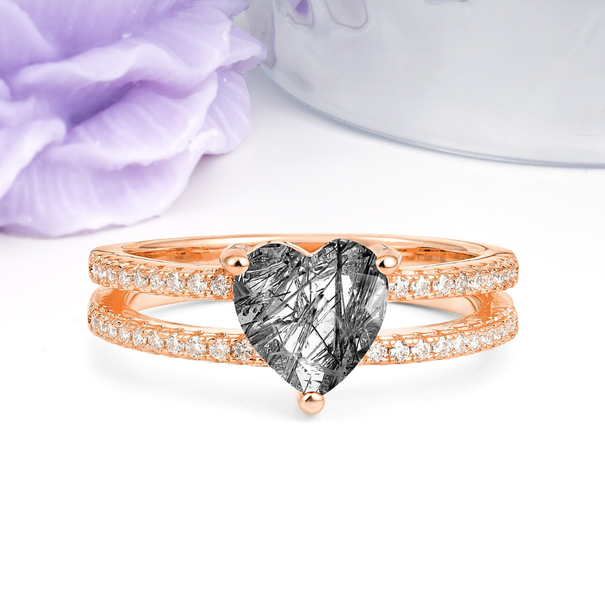 Luxurious Double Row Pavé, 3 Prong Heart Cut Black Rutilated Quartz Engagement Ring - Additional view