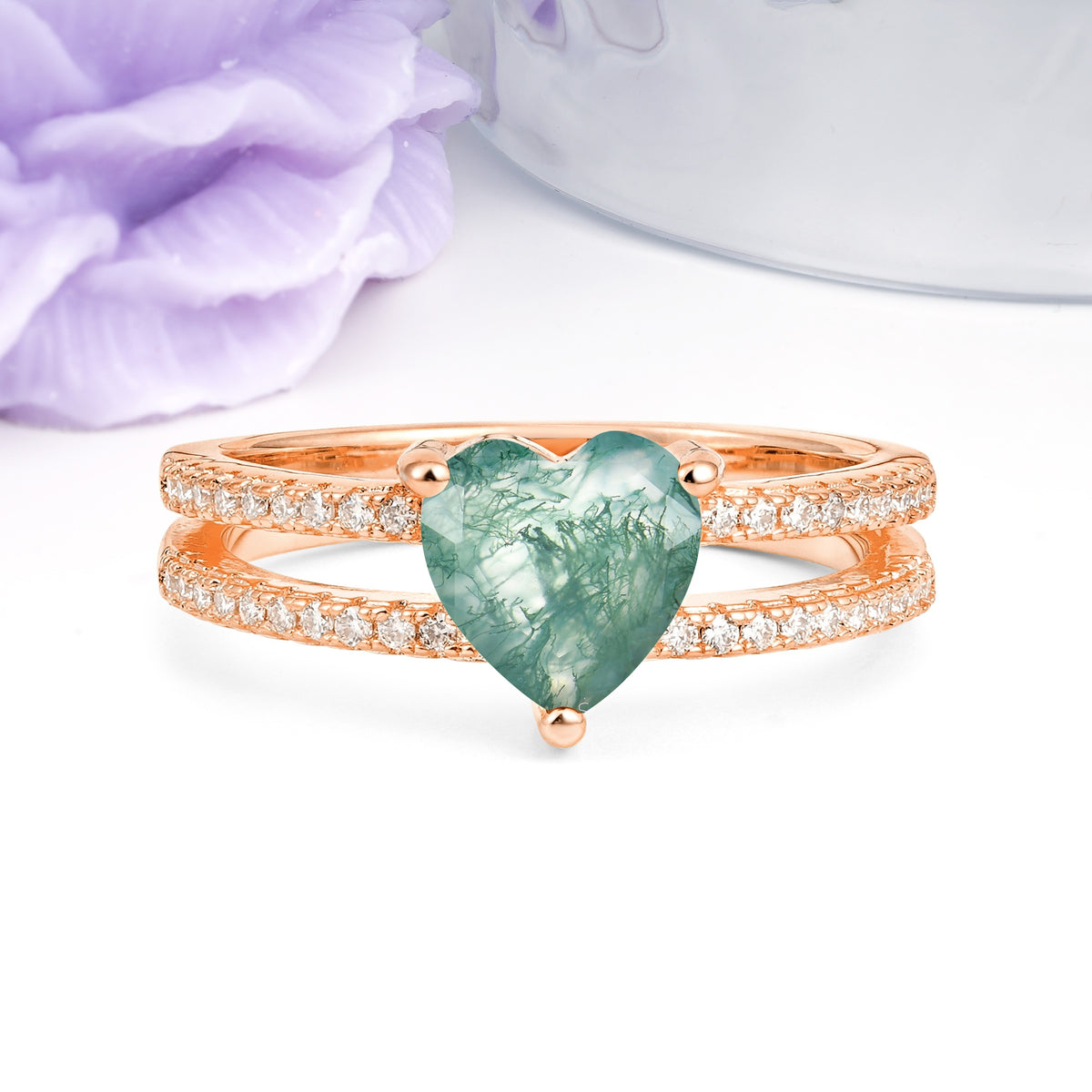 Luxurious Double Row Pavé, 3 Prong Heart Cut Moss Agate Engagement Ring - Additional view