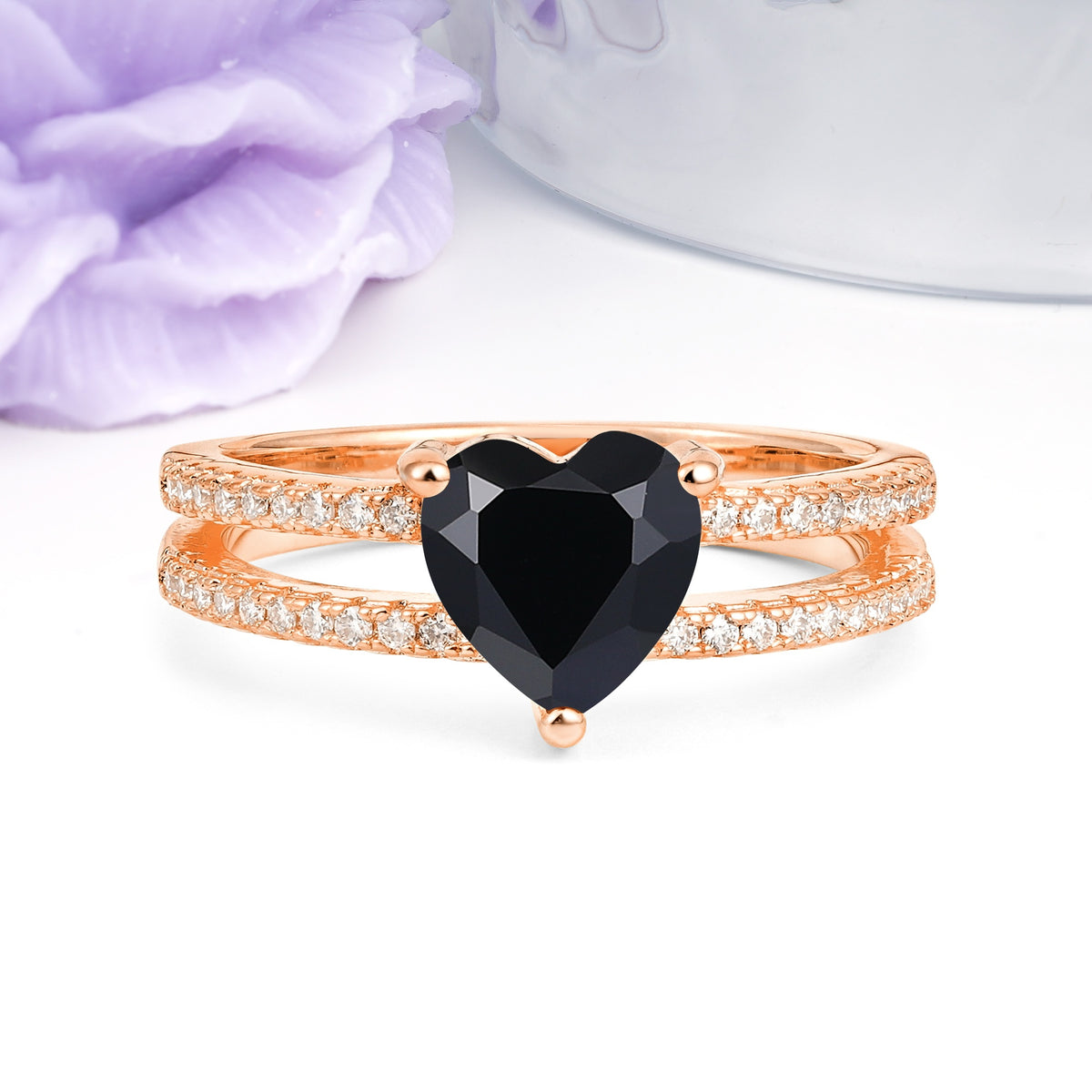 Luxurious Double Row Pavé, 3 Prong Heart Cut Black Onyx Engagement Ring - Additional view