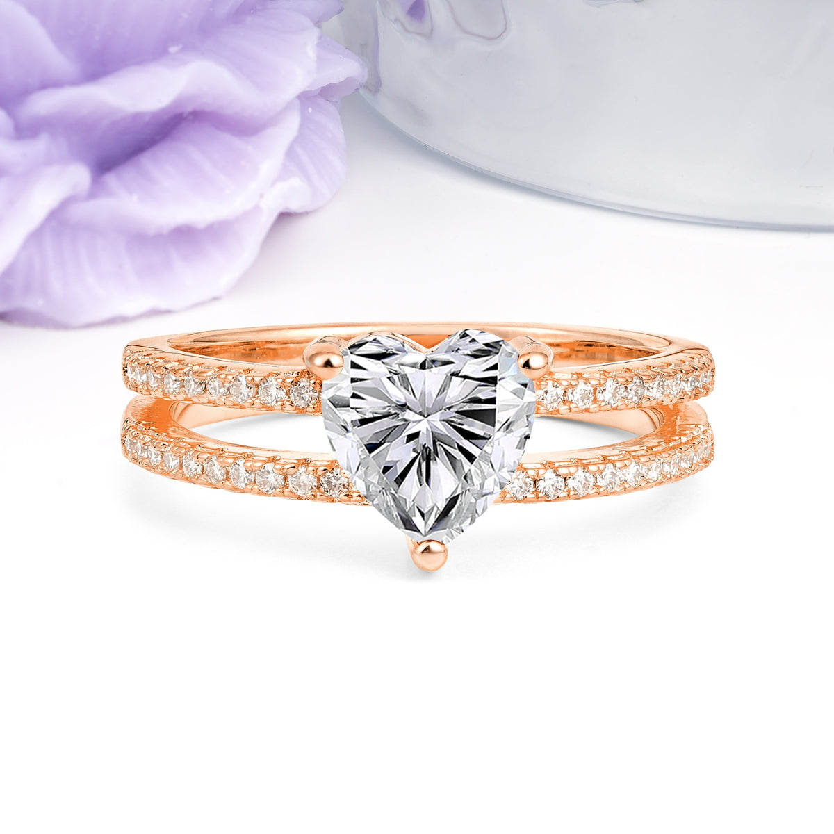 Luxurious Double Row Pavé, 3 Prong Heart Cut Lab Diamond Engagement Ring - Additional view