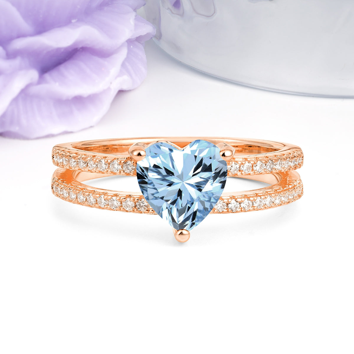 Luxurious Double Row Pavé, 3 Prong Heart Cut Aquamarine Engagement Ring - Additional view