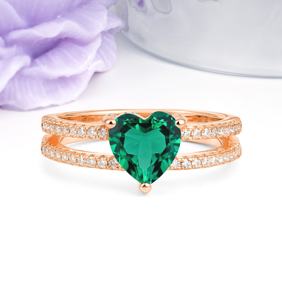Luxurious Double Row Pavé, 3 Prong Heart Cut Emerald Engagement Ring - Additional view