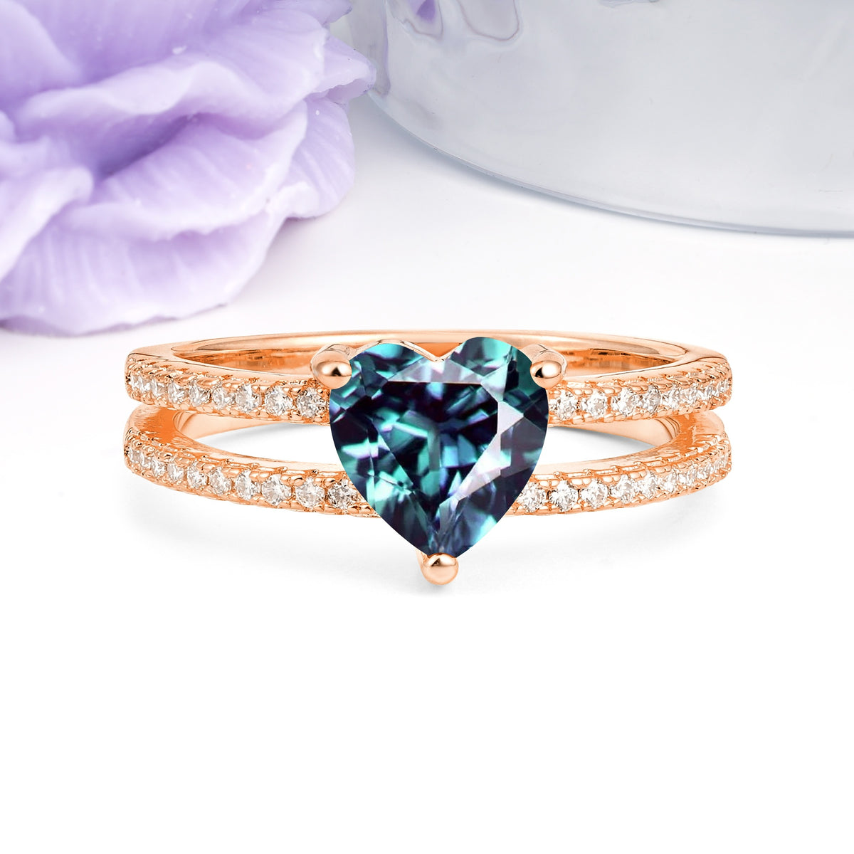 Luxurious Double Row Pavé, 3 Prong Heart Cut Alexandrite Engagement Ring - Additional view