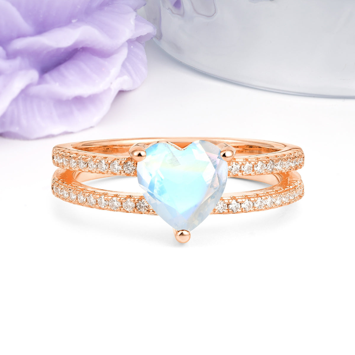 Luxurious Double Row Pavé, 3 Prong Heart Cut Moonstone Engagement Ring - Additional view
