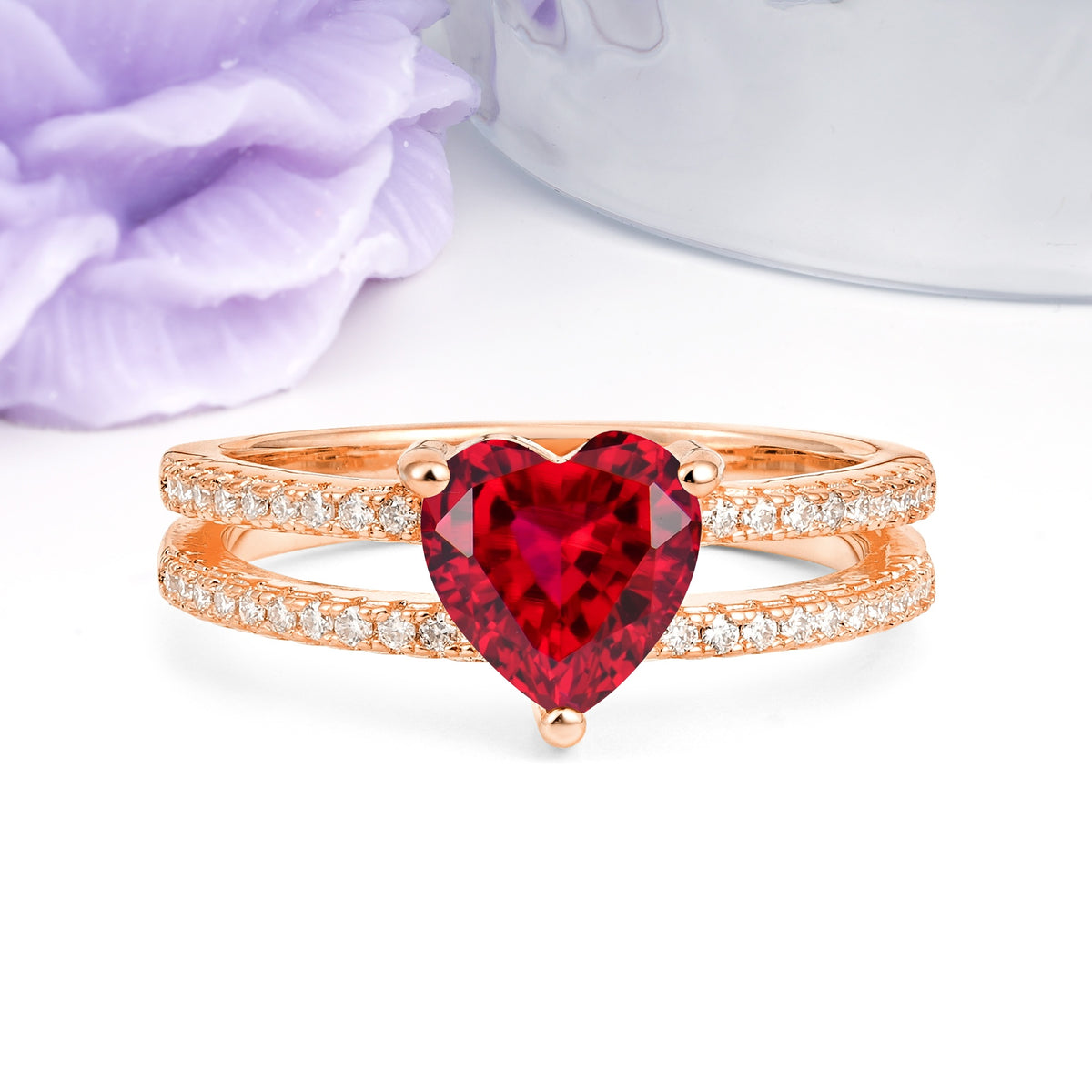 Luxurious Double Row Pavé, 3 Prong Heart Cut Ruby Engagement Ring - Additional view