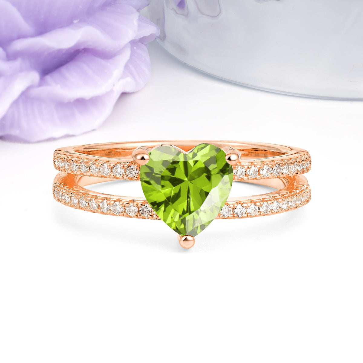 Luxurious Double Row Pavé, 3 Prong Heart Cut Peridot Engagement Ring - Additional view